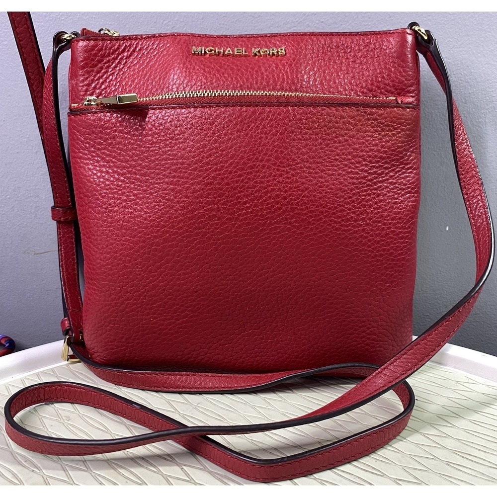Michael Kors Womens Leather Red Pebbled Adjustable Crossbody Purse 8.5x8.5x1"